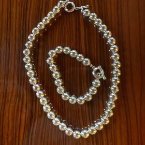 Elegant Silver Beaded Necklace and Bracelet Set